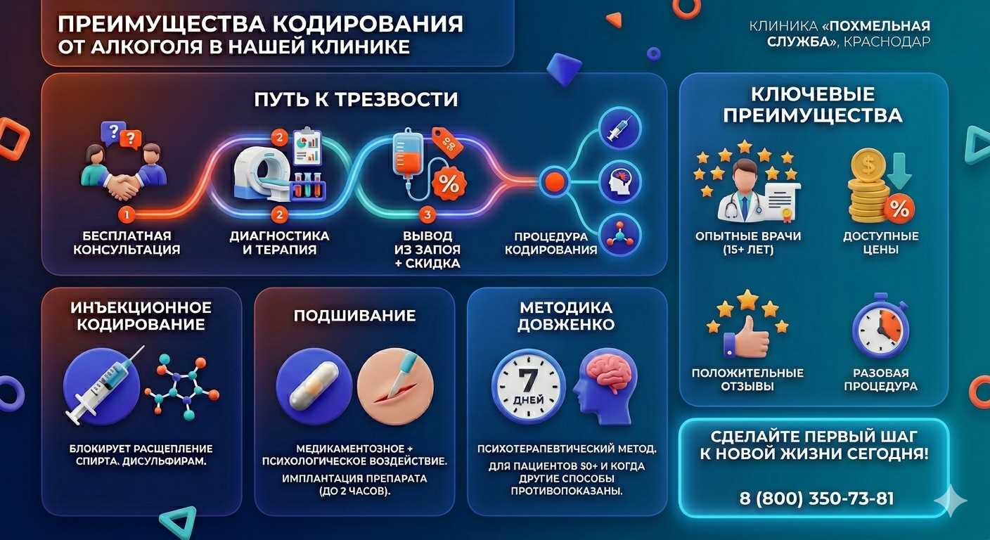 Инфографика о методах кодирования от алкоголя в Новичихе: инъекции, подшивание, метод Довженко. Преимущества клиники и этапы лечения.