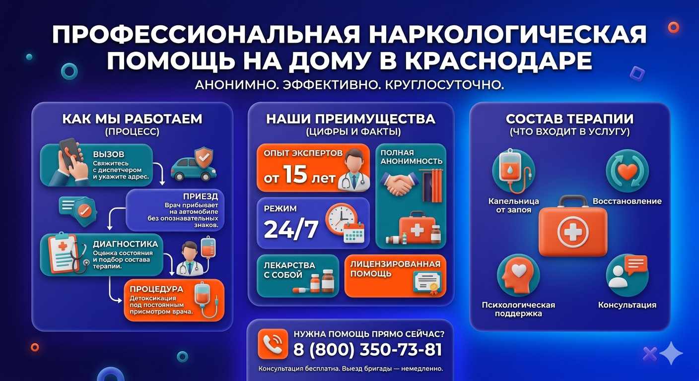 Инфографика о принципах лечения алкоголизма на дому в Новичихе: этапы вызова нарколога, преимущества анонимной детоксикации и состав медицинской помощи.